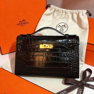 <AUTHENTIC>Hermès Kelly Cut Clutch in Black Shiny Alligator Leather